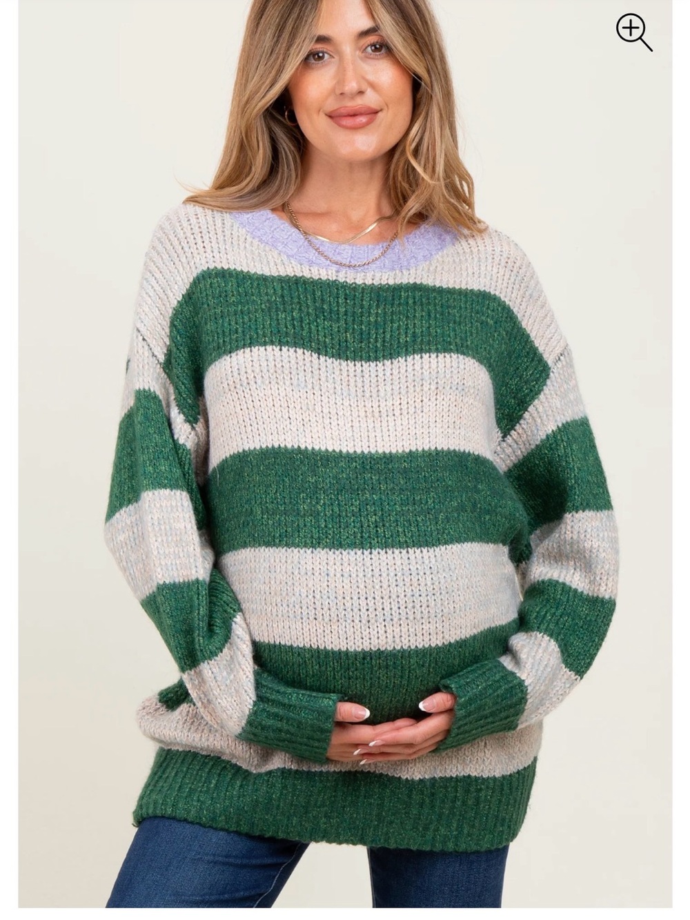 Pinkblush Green and Cream Striped Crewneck Sweater with Lavender Trim